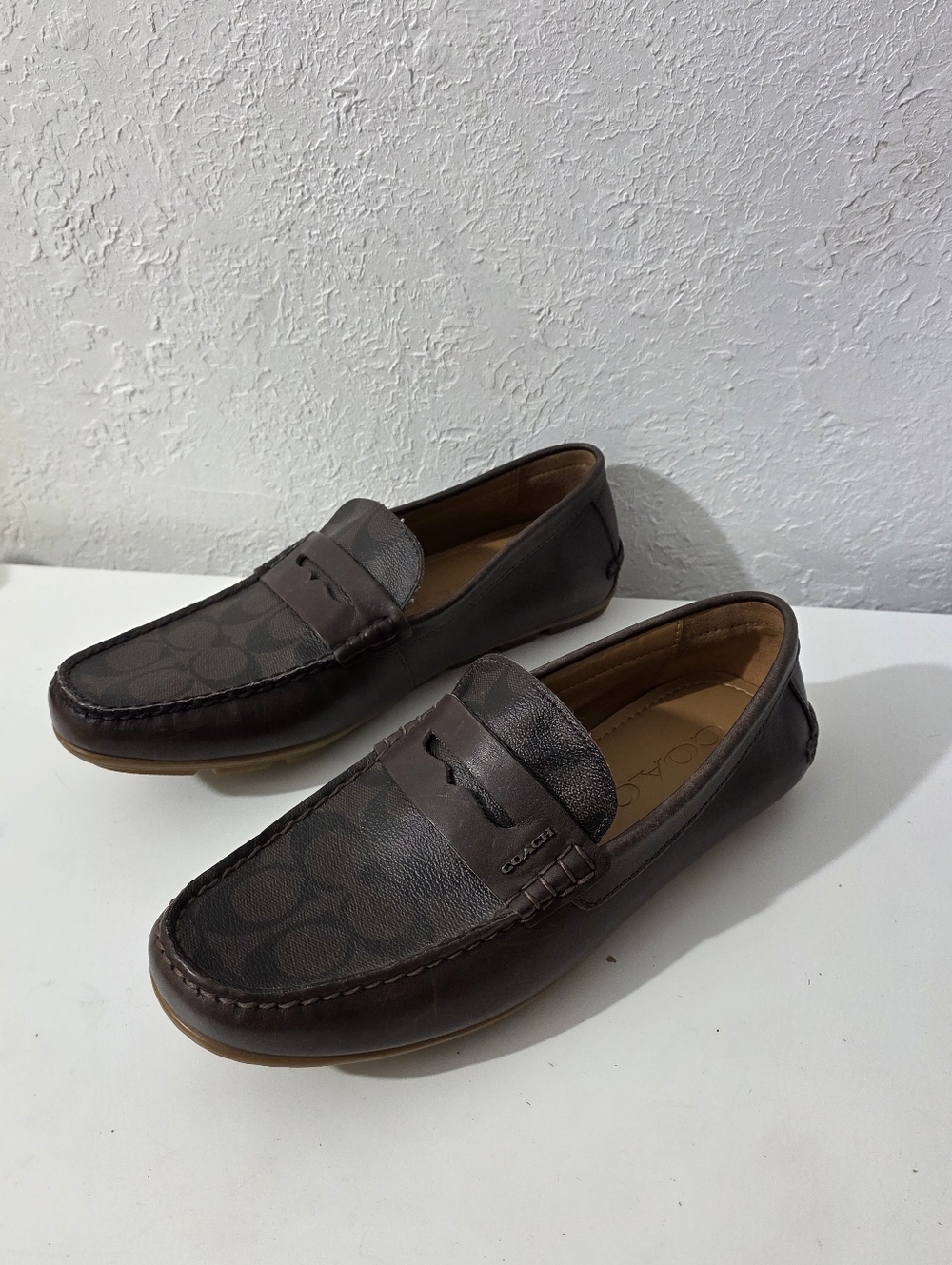 Coach Mott Driver Brown Leather Monogram Logo Slip On Loafer Unisex Sz M 7.5 W 9